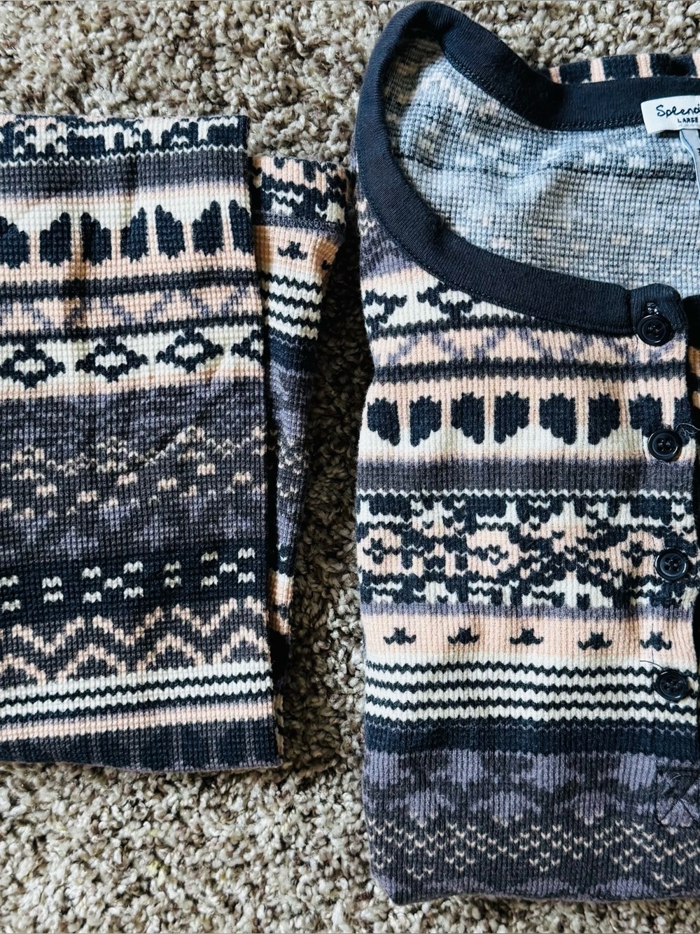 Splendid Black and Blush Patterned Thermal Henley Pajama Set